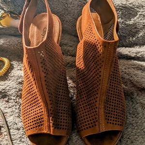 City Classified Brown Peep- Toe Wedge Heels